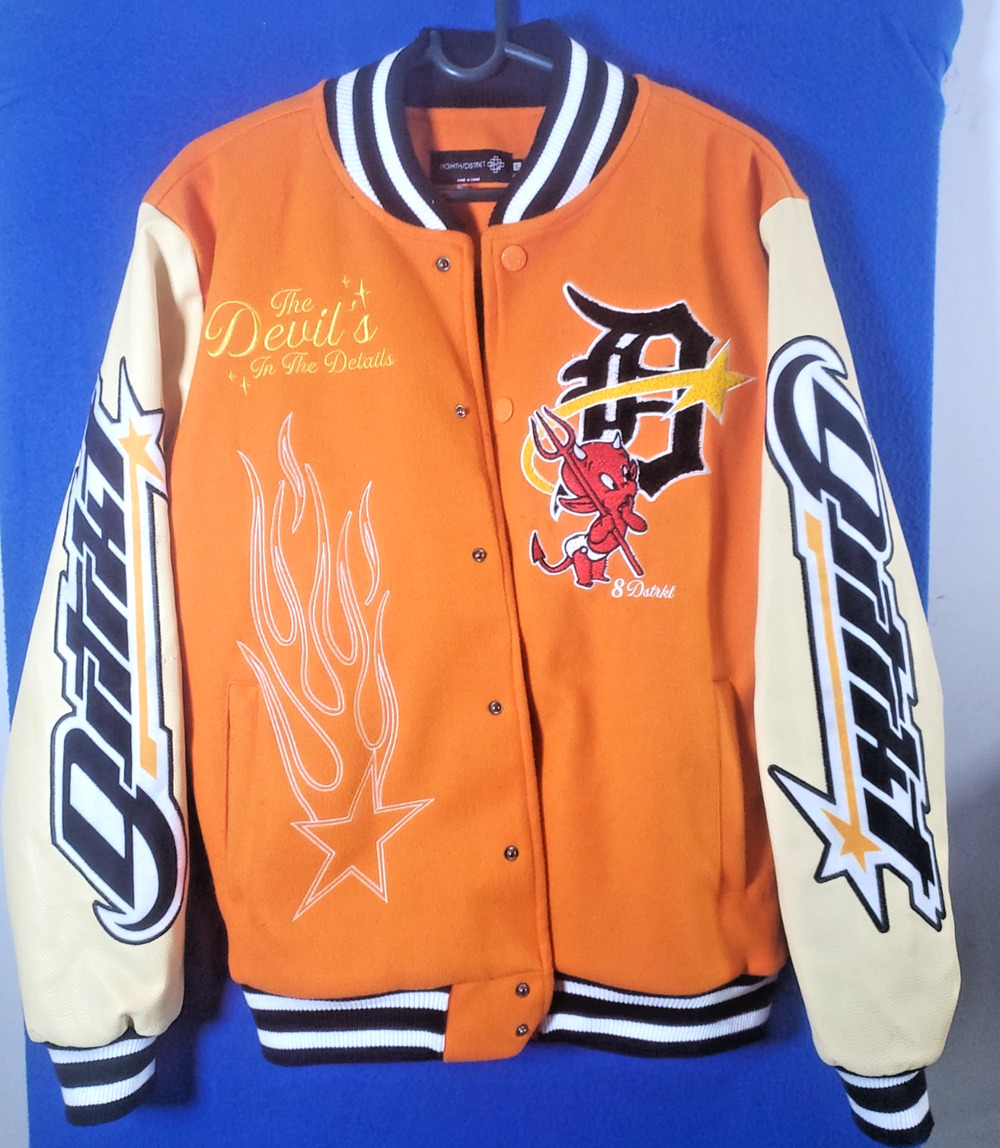 8ighth Dstrkt Mens Varsity Jacket Orange Cream Devils Flame Streetwear Size L